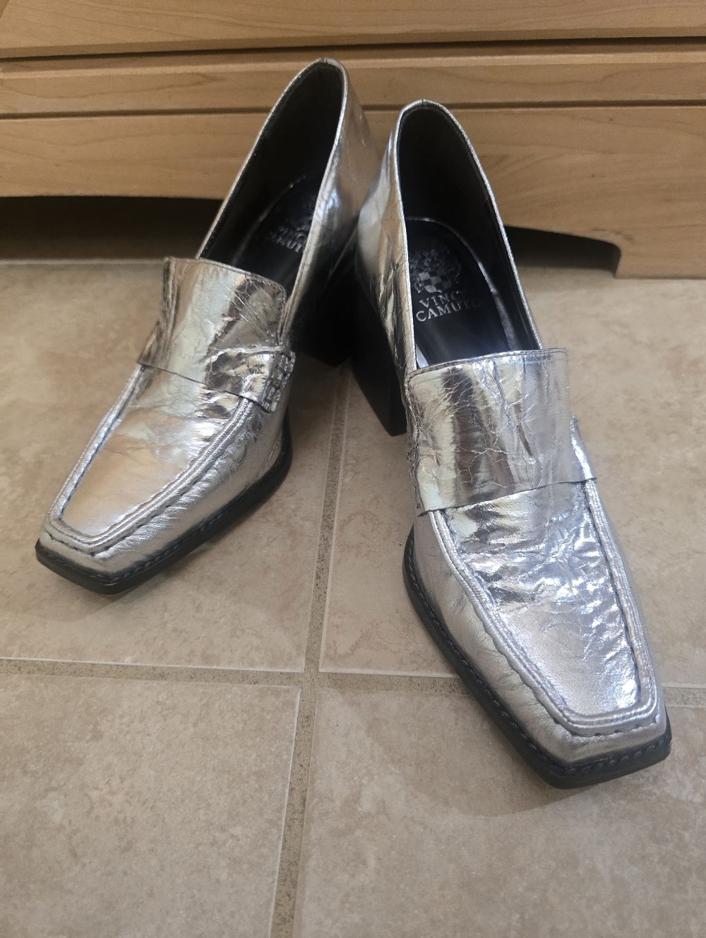 Vince Camuto Women's Segellis block heel loafers in metallic silver Size 9